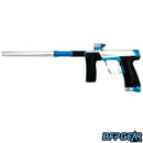 The Planet Eclipse CS3 Pro paintball gun in silver and turquoise.