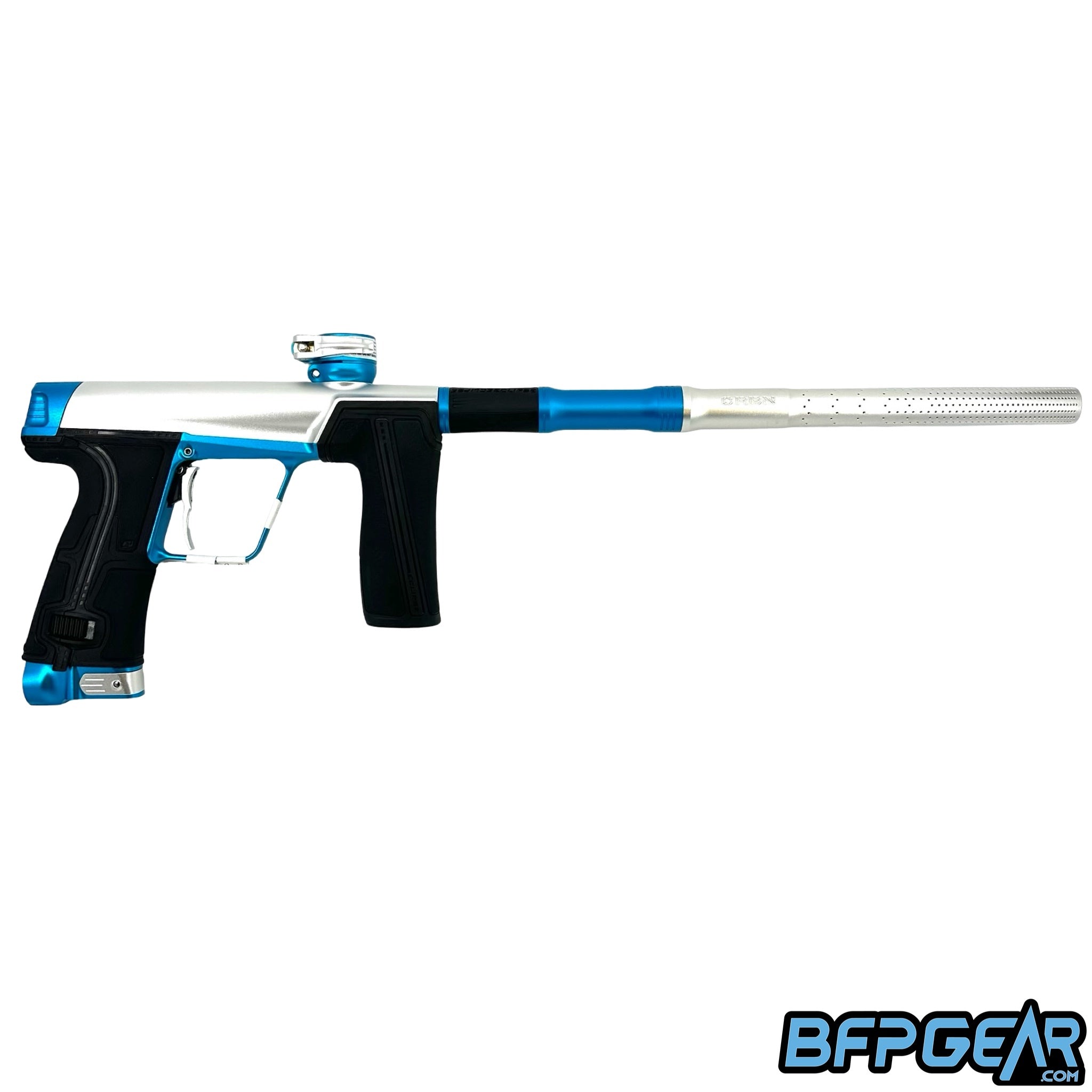 The Planet Eclipse CS3 Pro paintball gun in silver and turquoise.