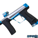 The Planet Eclipse CS3 Pro paintball gun in silver and turquoise.