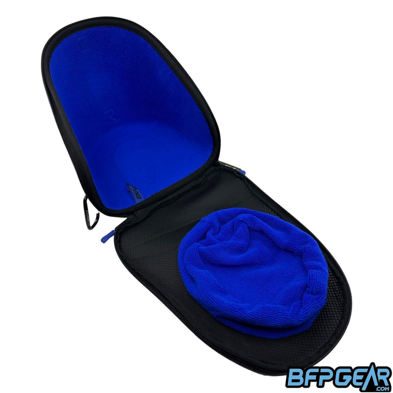 The Co-Lab V3 goggle case opened up. Blue microfiber lining protects your paintball or airsoft goggles.