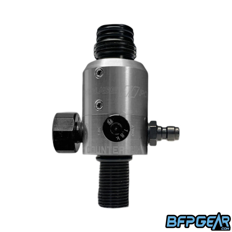 The Powerhouse Counterpunch regulator in silver. This particular regulator has black threads.