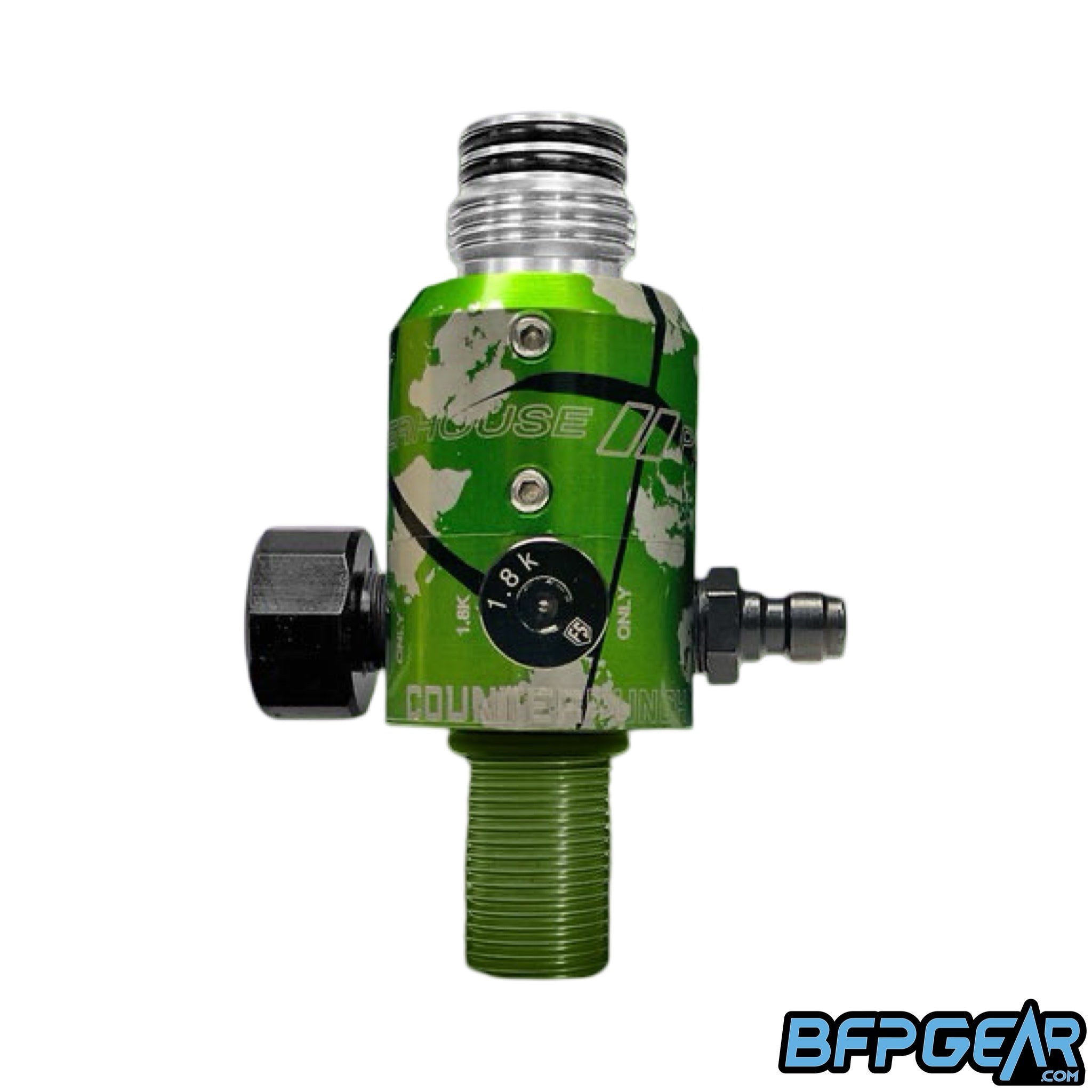 The Powerhouse Counterpunch regulator in the emerald burst splash color way. Green, silver, and black splash anno.