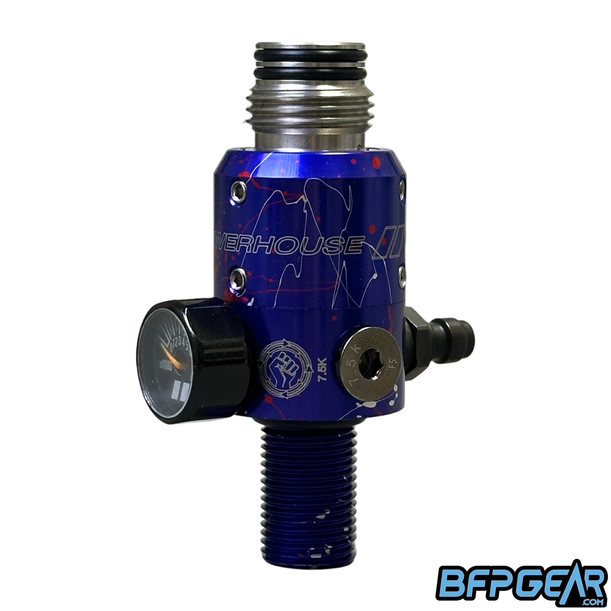 The Powerhouse Counterpunch regulator in the Twilight splash color way. Blue, silver, and red splash anno. The silver lines are extremely thin.