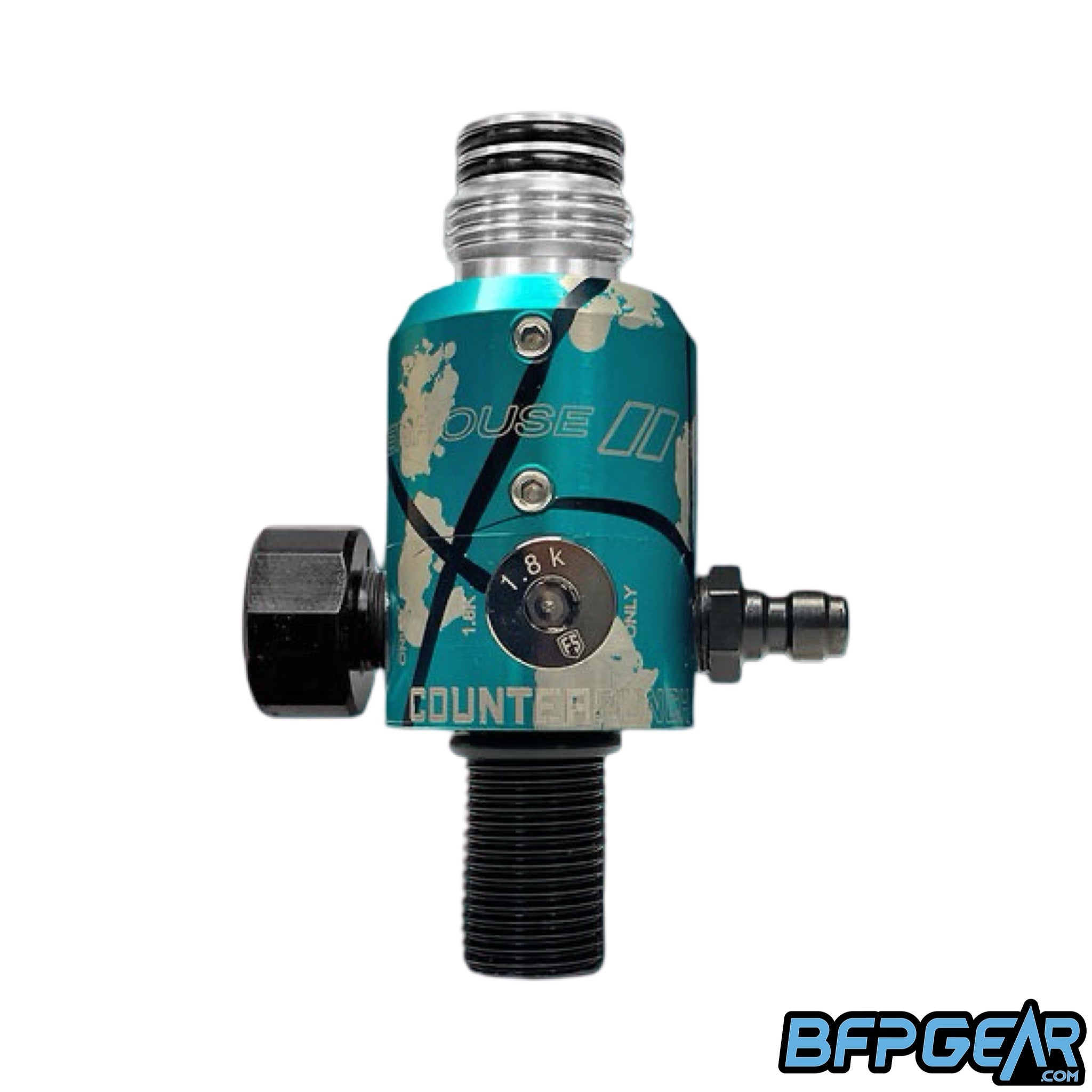 The Powerhouse Counterpunch regulator in the tidal splash color way. Teal, silver, and black splash anno.
