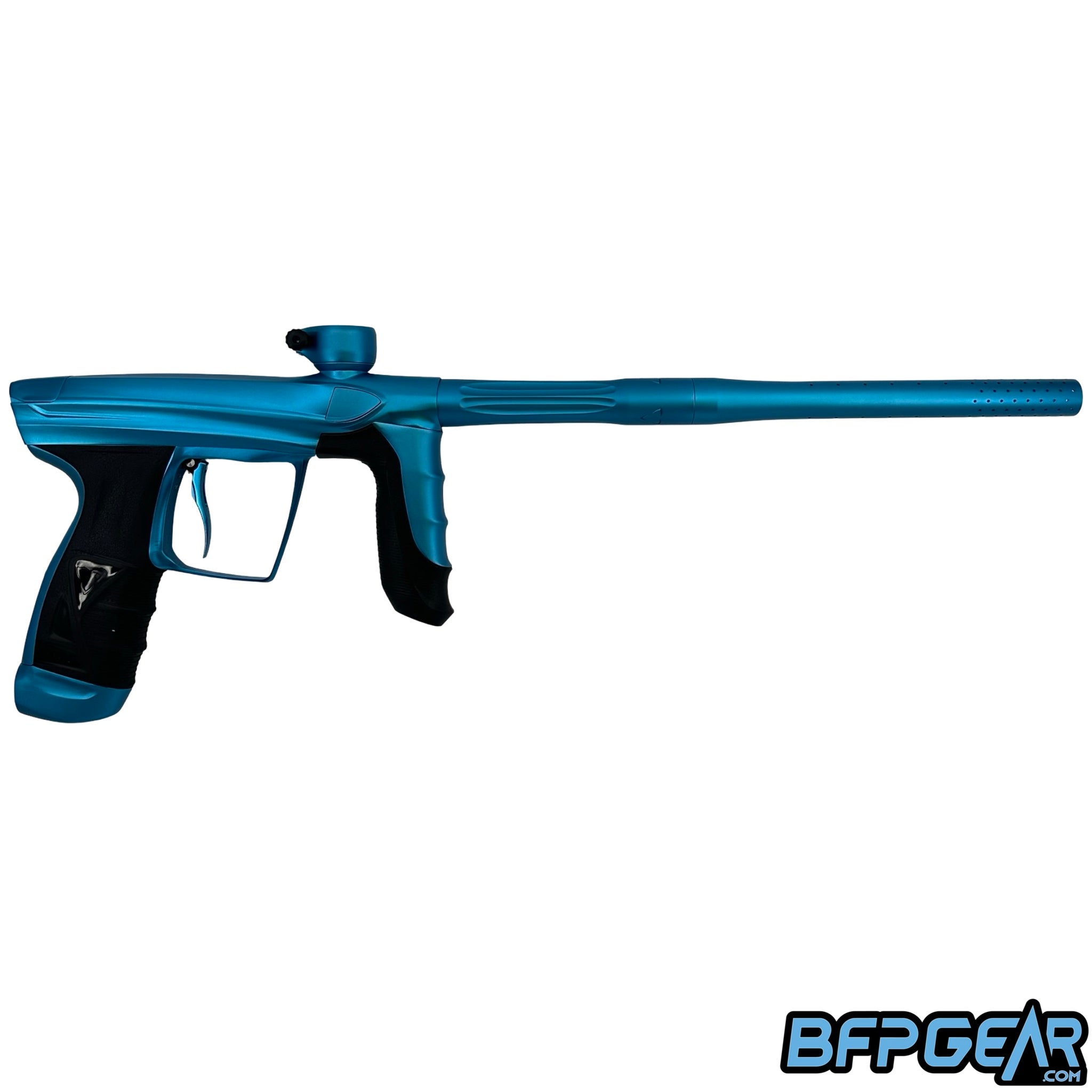 DLX Luxe Aire paintball gun dust blue full length side profile with barrel installed