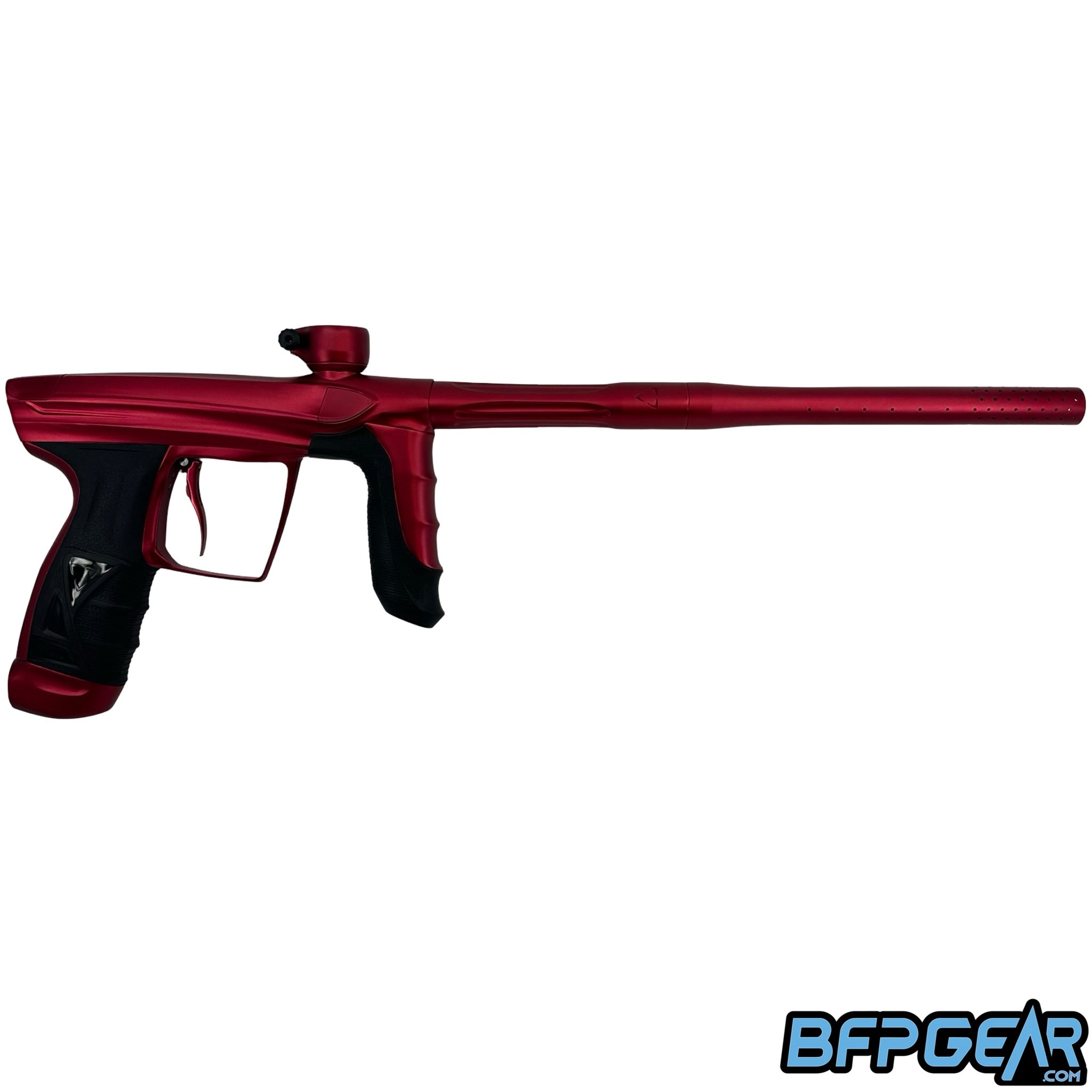 DLX Luxe Aire paintball gun dust red full length side profile with barrel installed