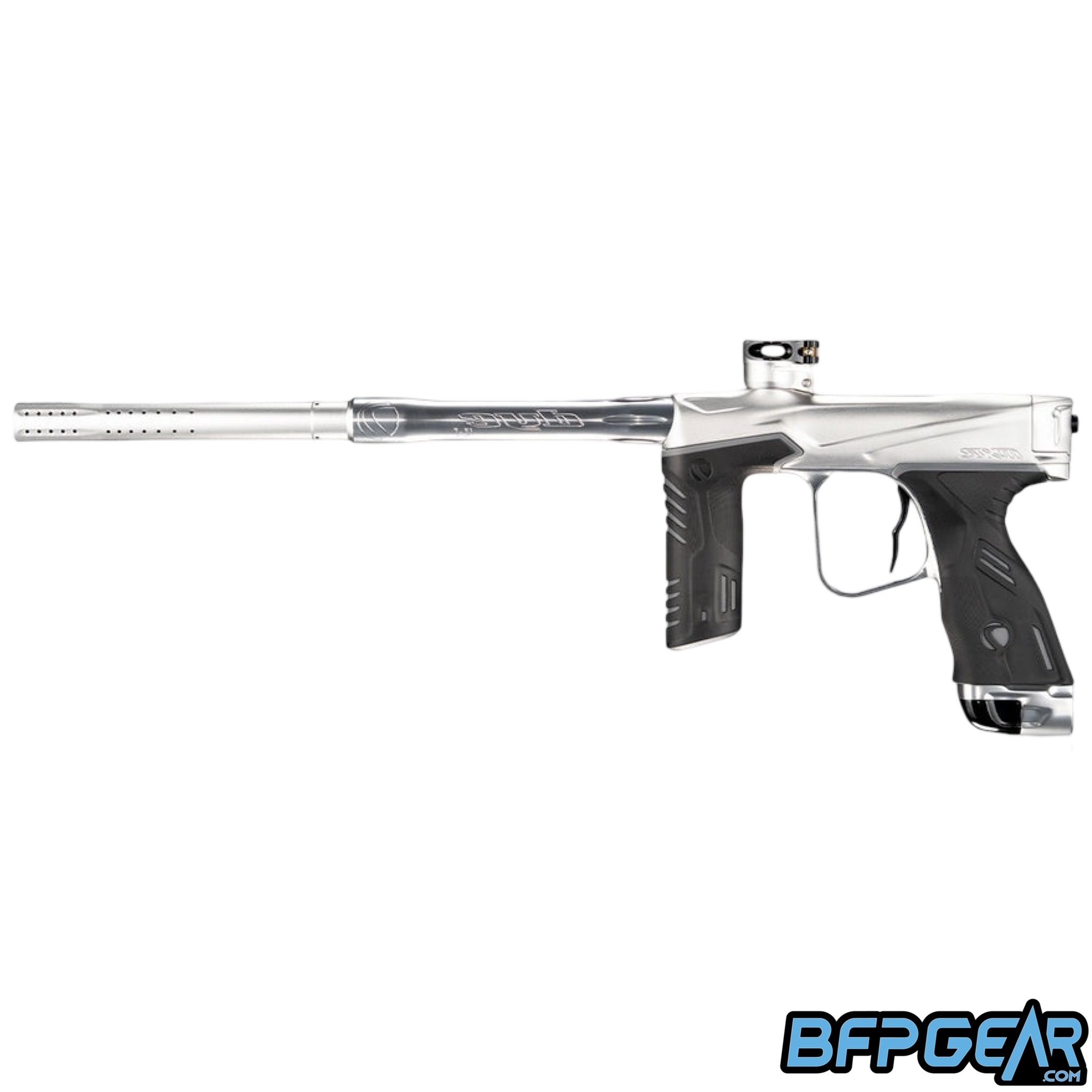 The Dye MXR Paintball marker in the Liquid Silver colorway.