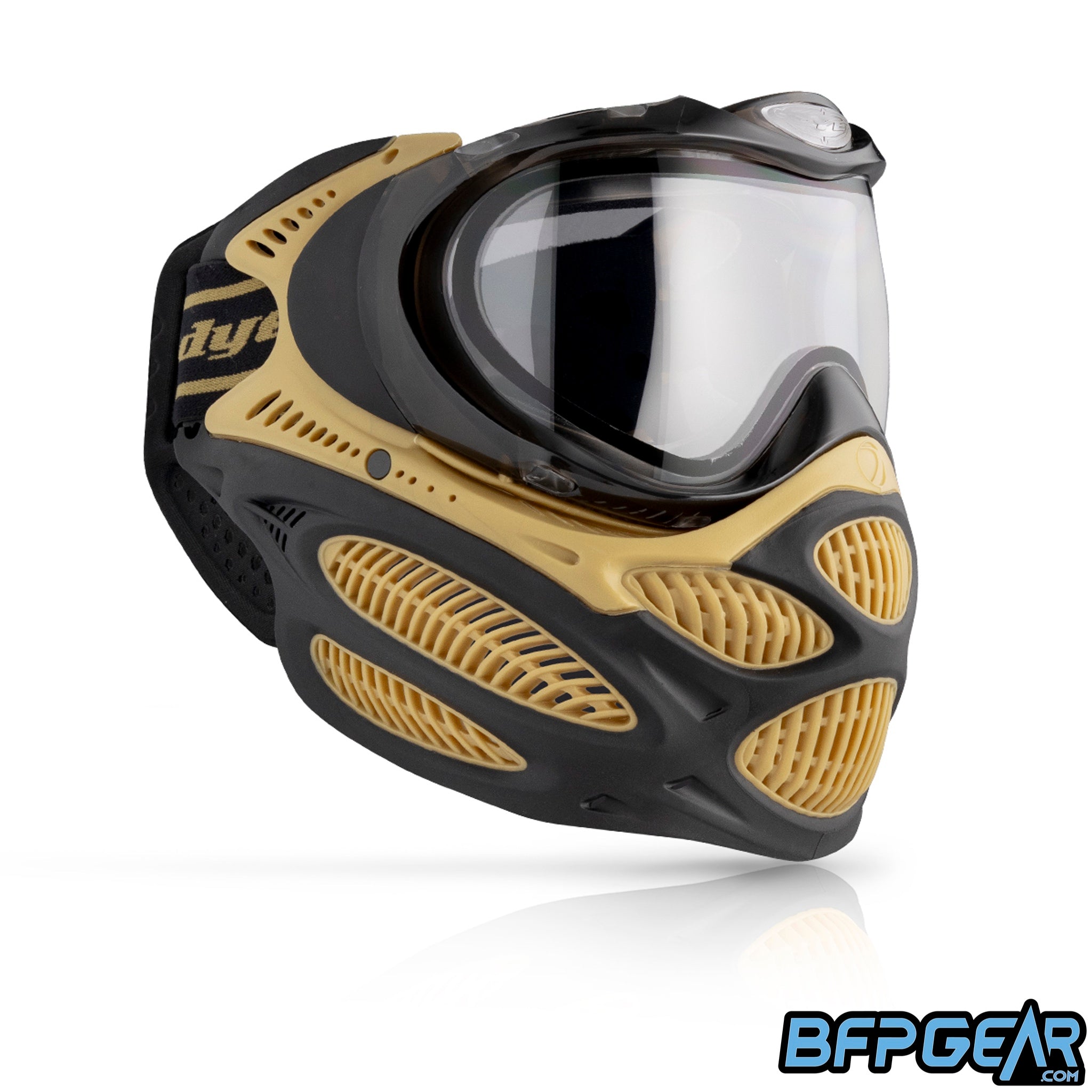 The DYE i3 Pro Paintball Goggle in the Heritage Gold color way.