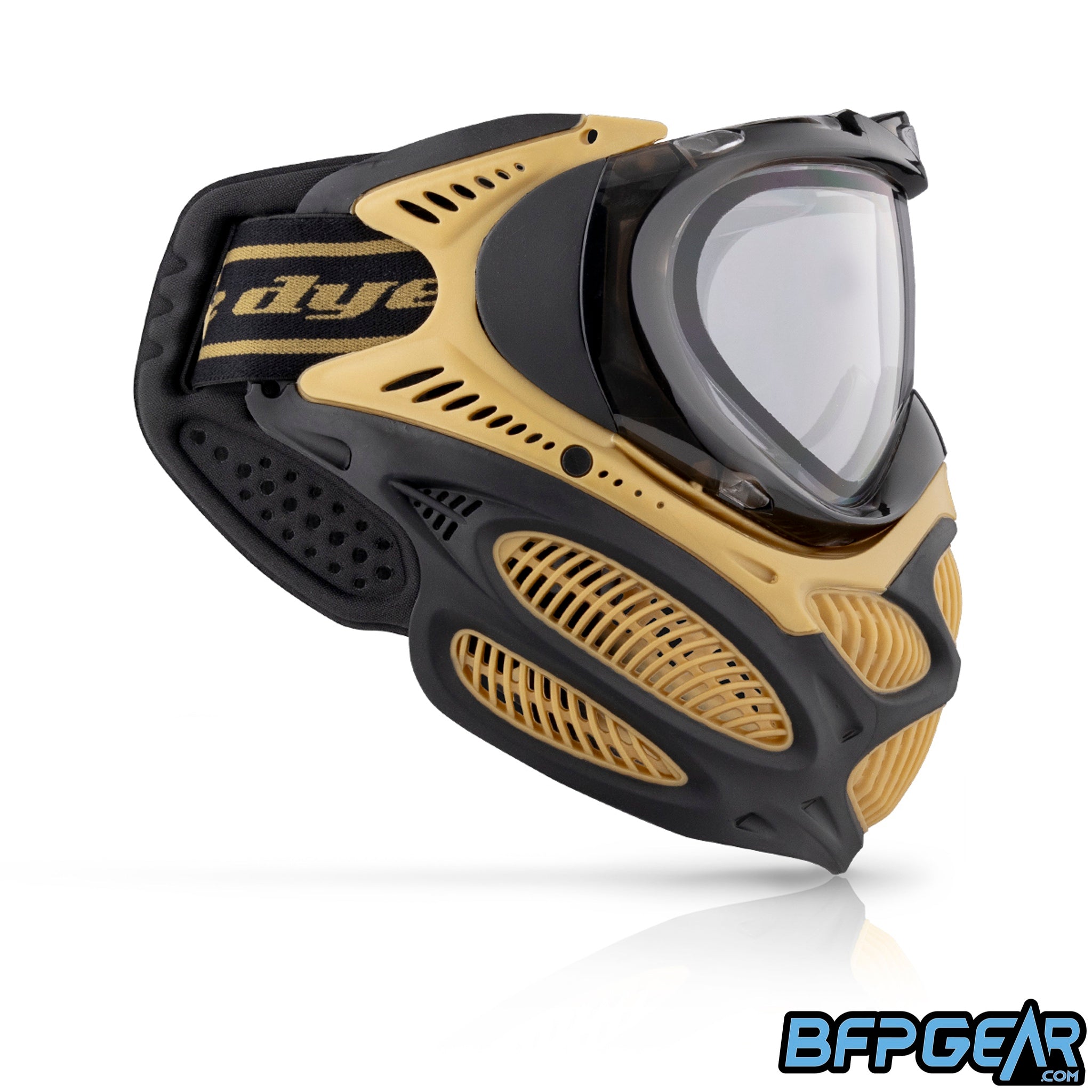 The DYE i3 Pro Paintball Goggle in the Heritage Gold color way.