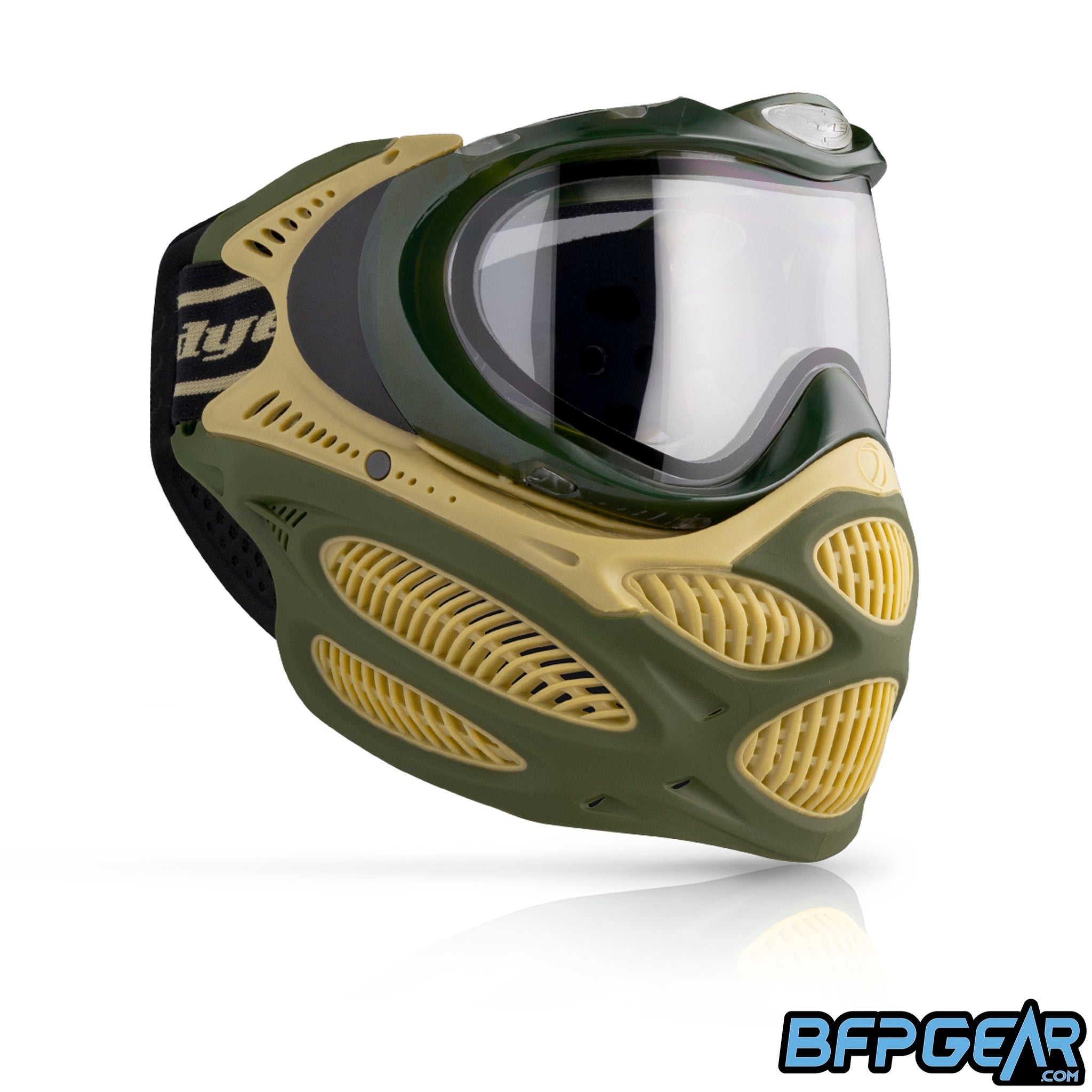 The DYE i3 Pro Paintball Goggle in the Tac Olive color way.
