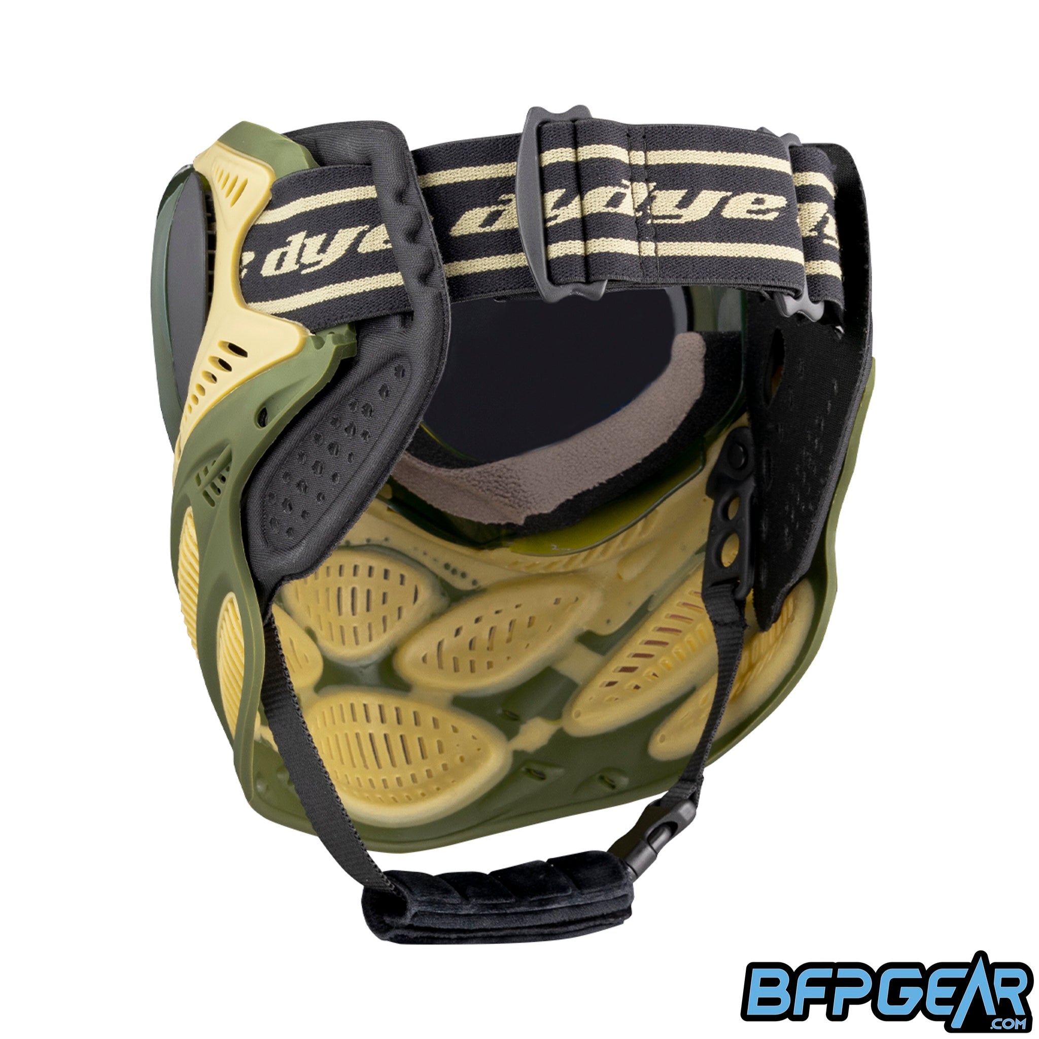 The DYE i3 Pro Paintball Goggle in the Tac Olive color way.