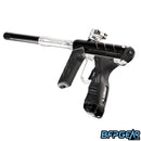 Angled view of the Dye DSR Pro. This shows off the electronics package and thumbwheel screw on the feedneck.