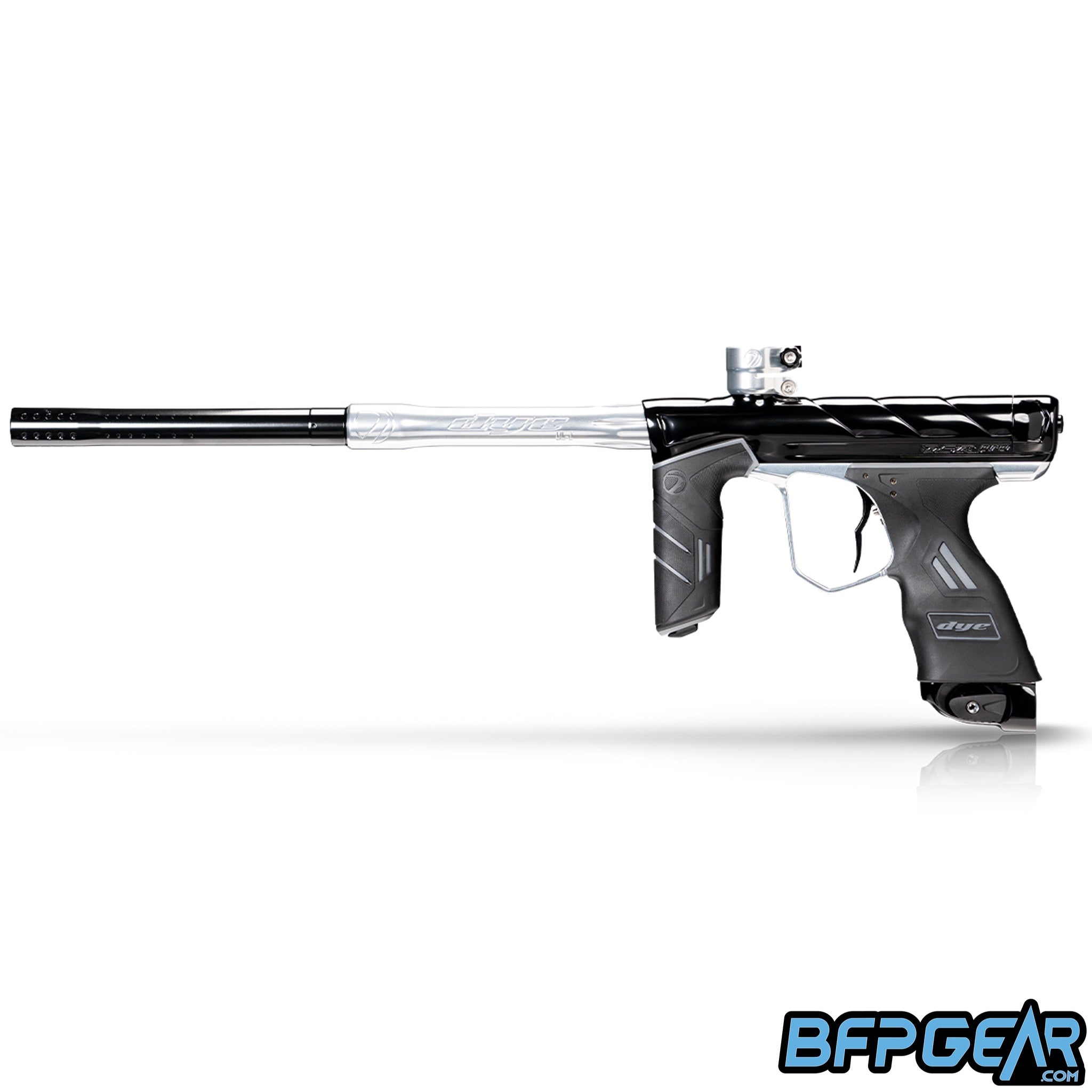 Left side view of the Dye DSR Pro in the Onyx Polish color way. This color way is black with silver accents.