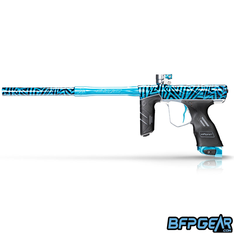 Left side view of the Dye DSR Pro in the PGA Dazzlecam Polish color way. This color way is teal with a black pattern all over.
