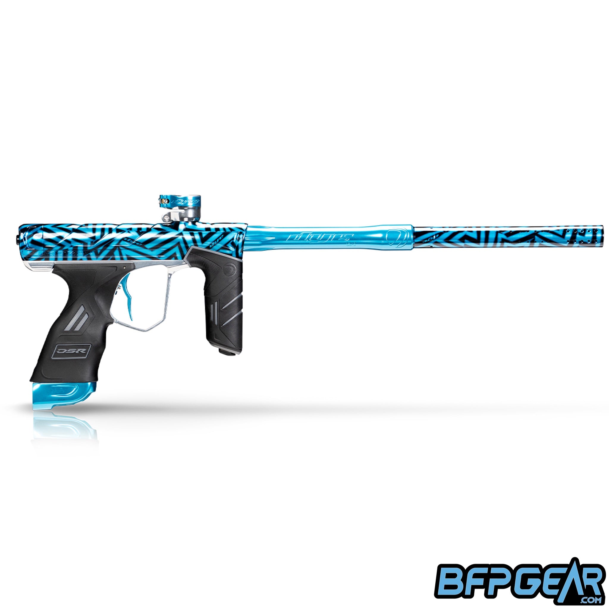 Right side view of the Dye DSR Pro in the PGA Dazzlecam Polish color way. This color way is teal with a black pattern all over.