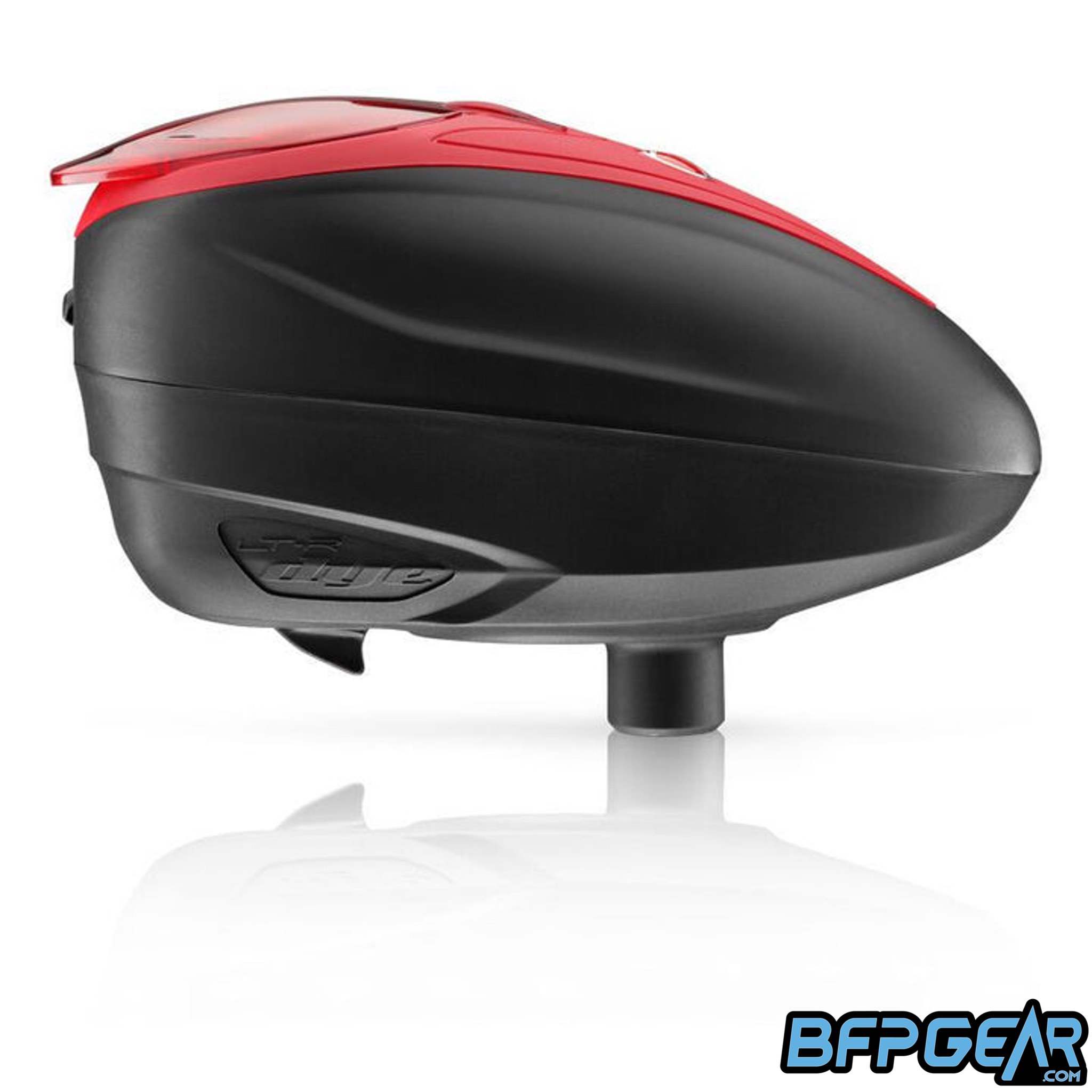 The Dye LTR Electronic paintball loader in black and red.