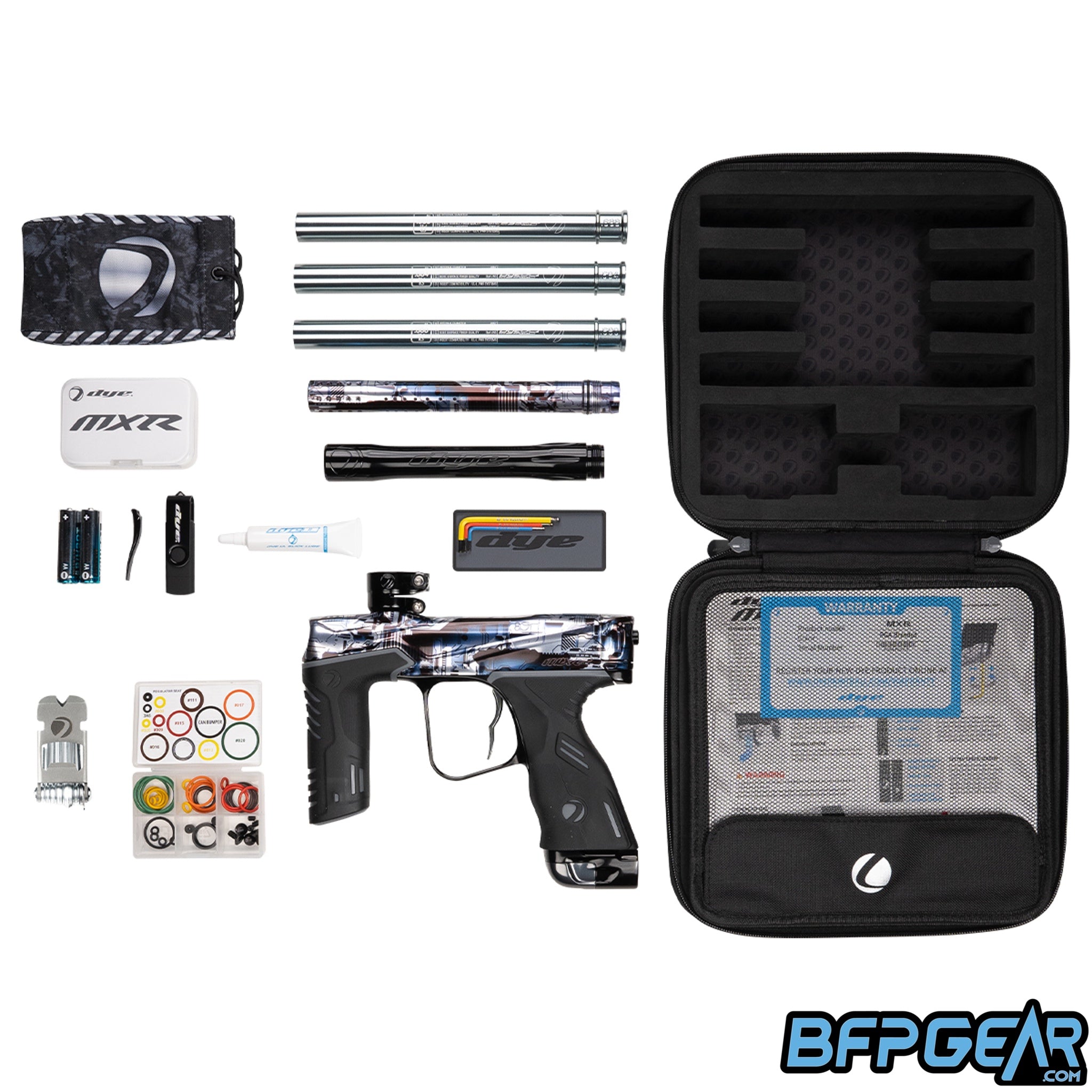 A photo of everything that comes with the Dye MXR Electronic paintball marker.