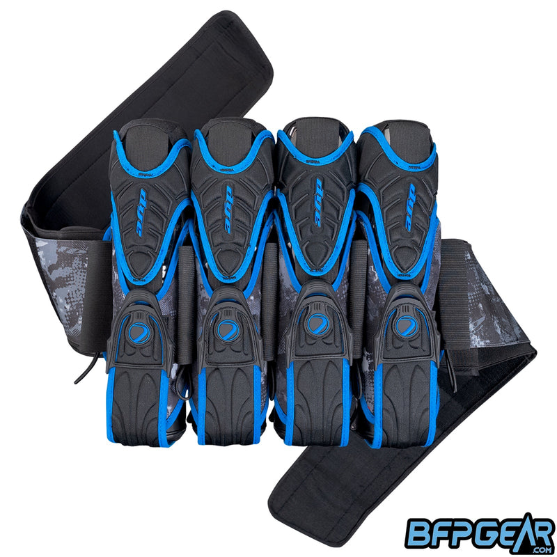 The Dye Assault harness in the 4+5 configuration. 4 main pod sleeves with 5 extra sleeves to hold more pods. Comes in Dyecam Black and Cyan.