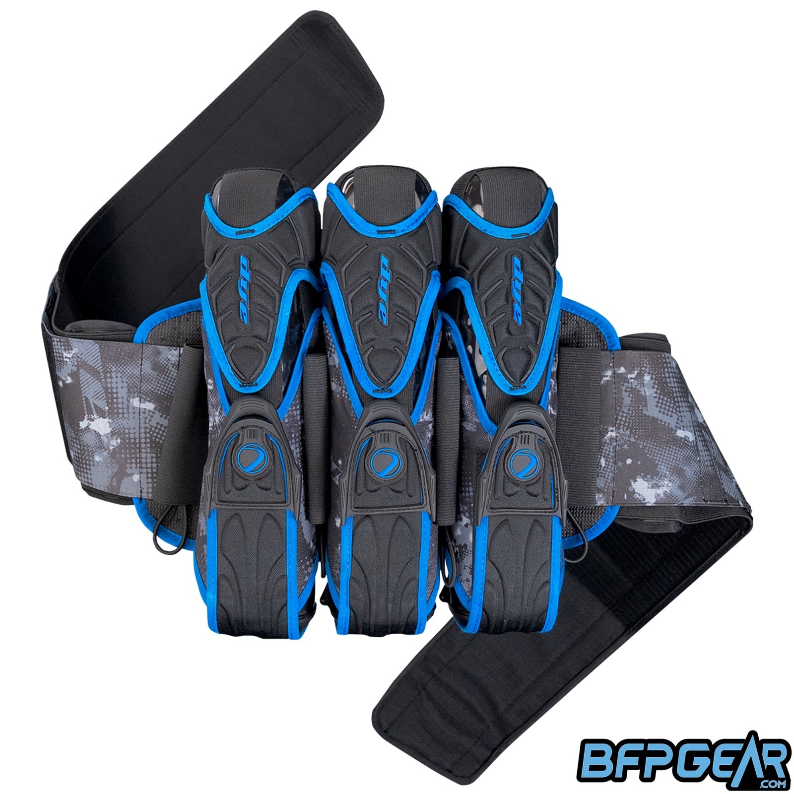 The DYE Assault Harness, 4+3 configuration in Dyecam and Cyan.