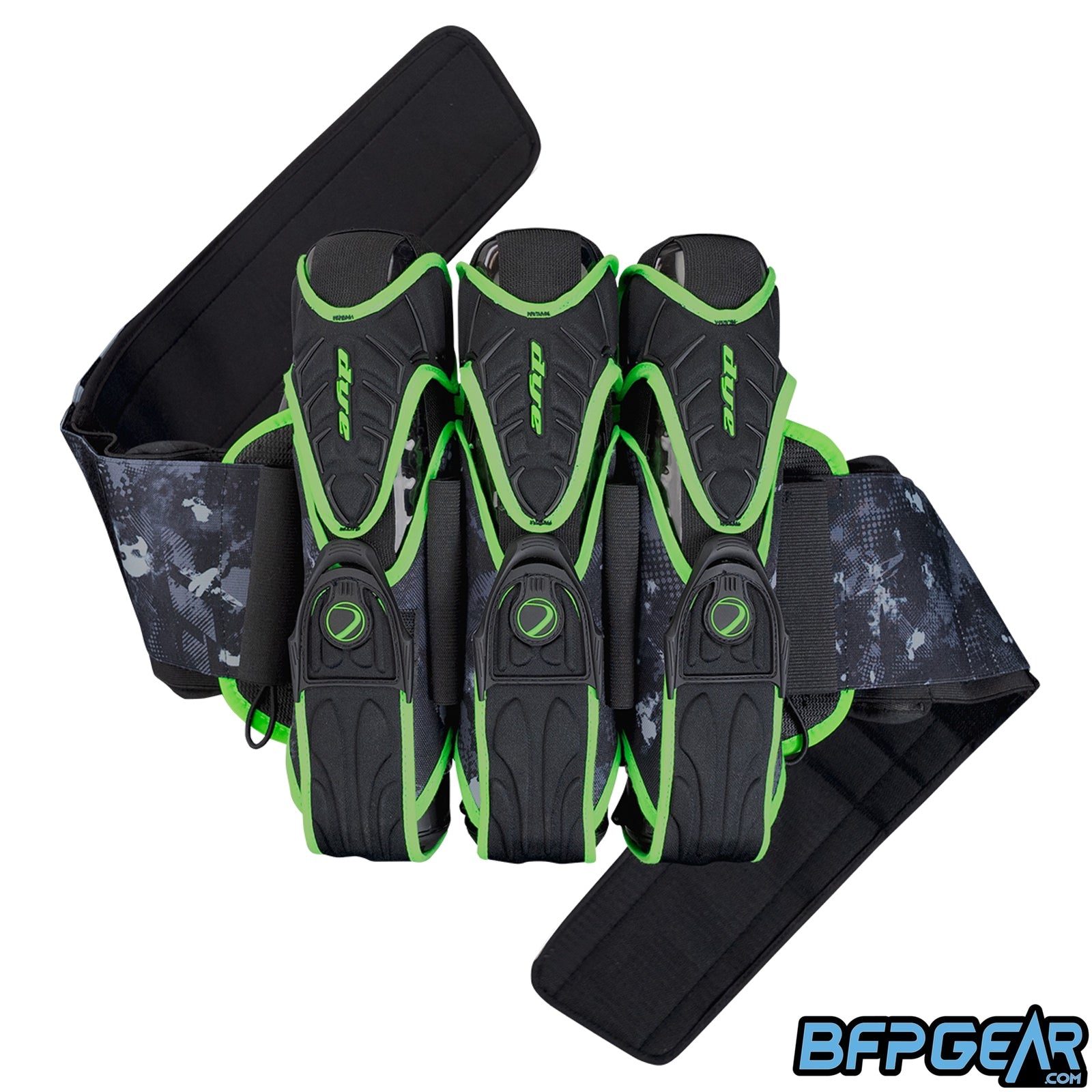 The DYE Assault Harness, 4+3 configuration in Dyecam and Lime.