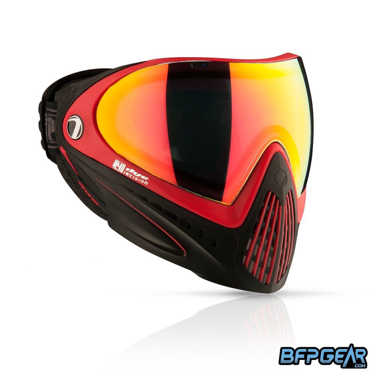The Dye i4 Paintball mask in the Meltdown Black and red color way.