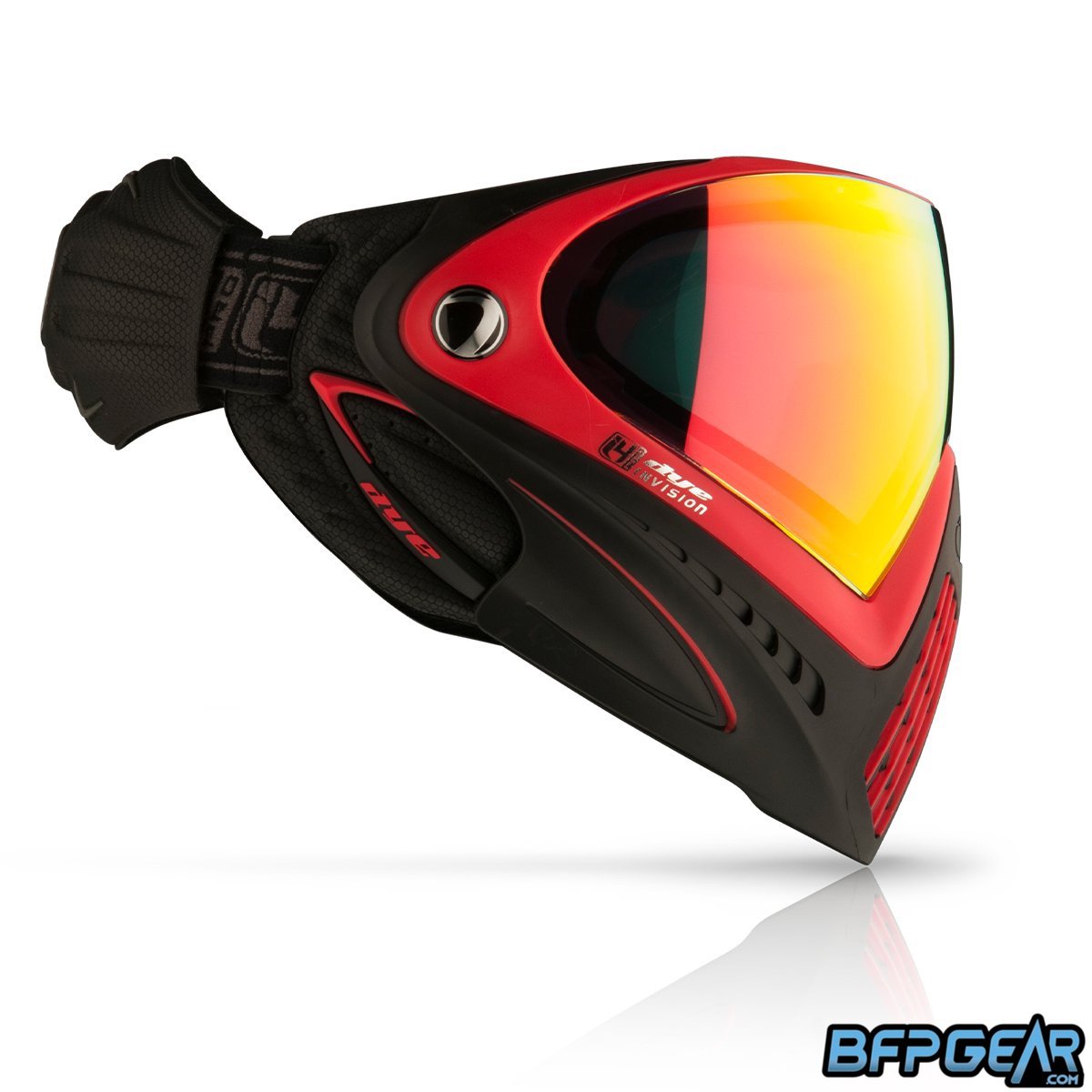The Dye i4 Paintball mask in the Meltdown Black and red color way.