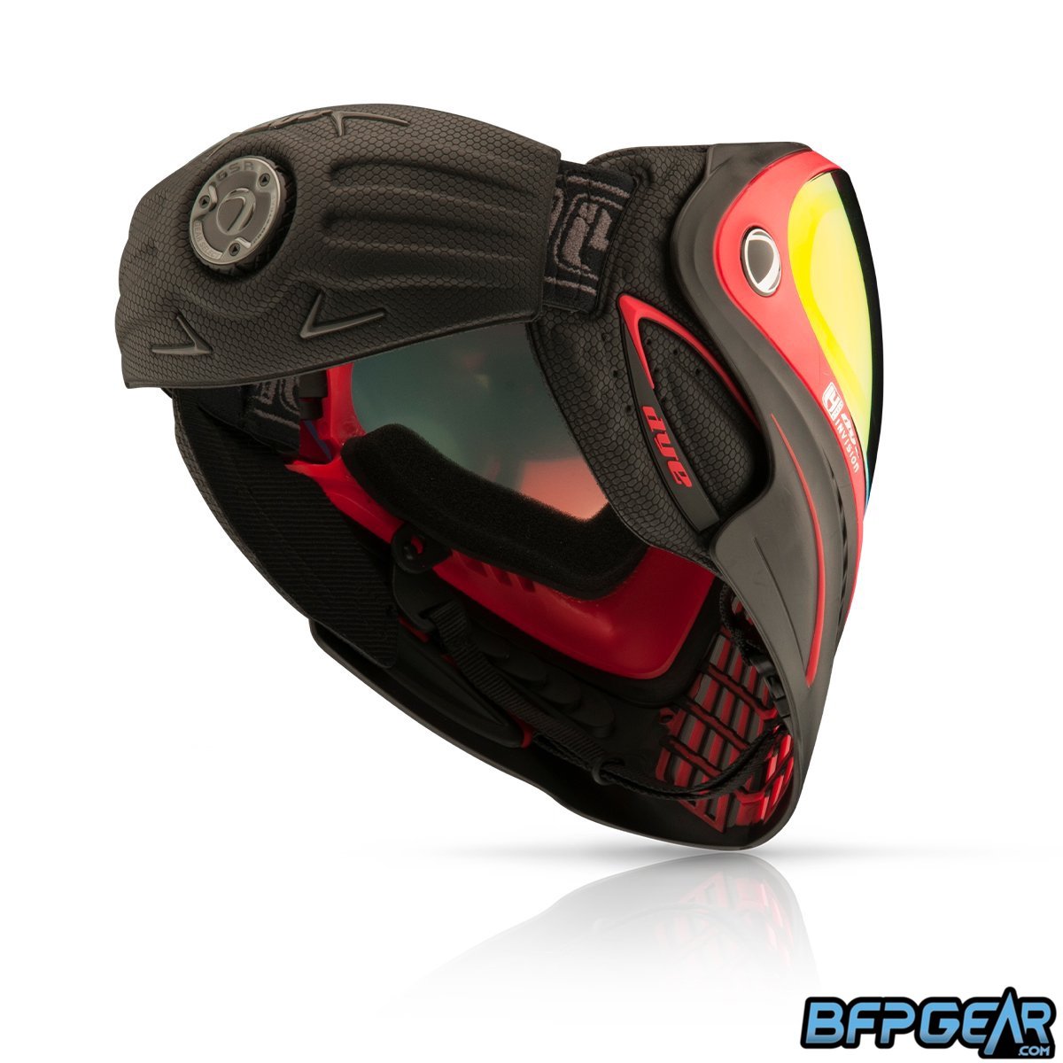 The Dye i4 Paintball mask in the Meltdown Black and red color way.