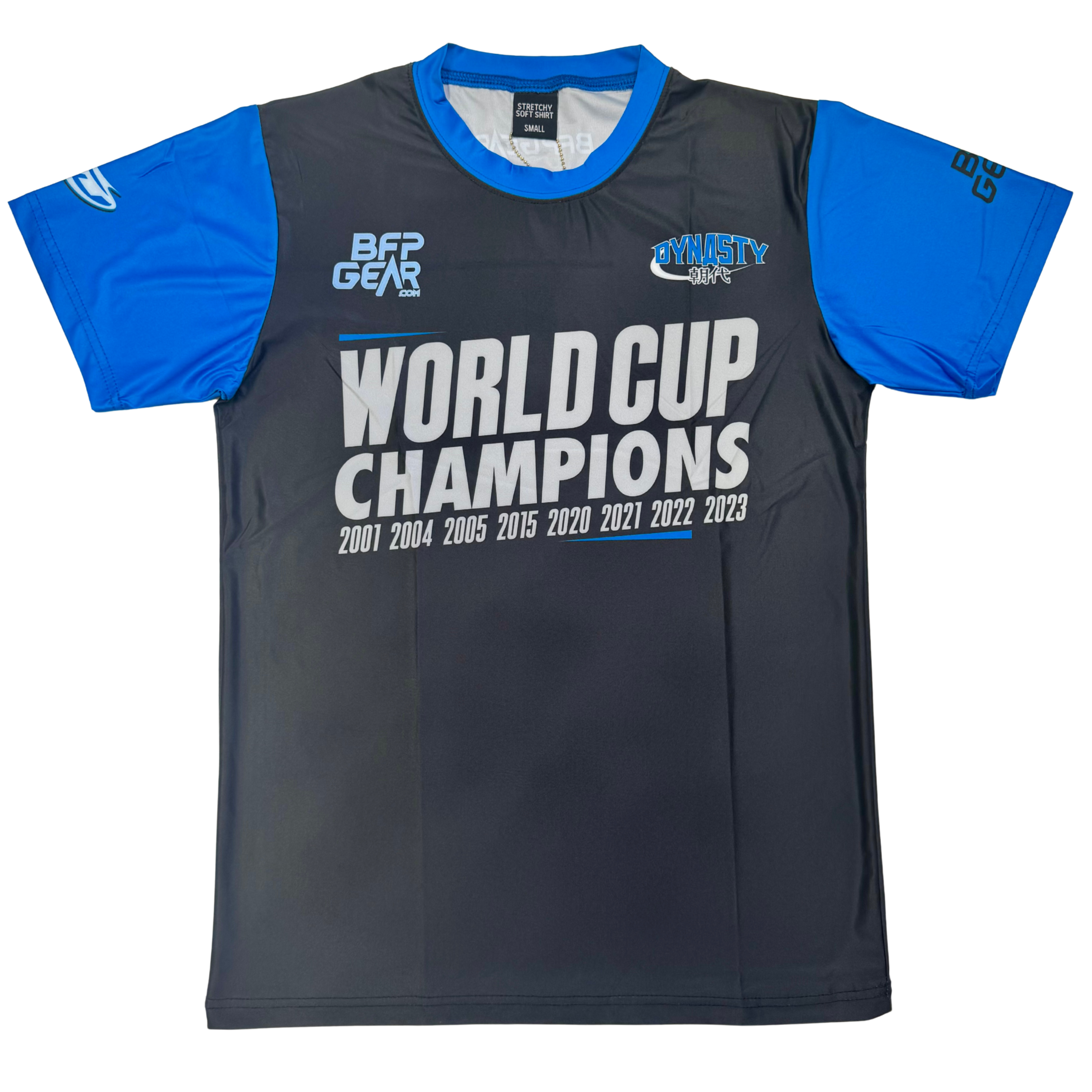 The Dynasty World Champions shirt front. The design says World Cup Champions and lists all years that San Diego Dynasty has won.