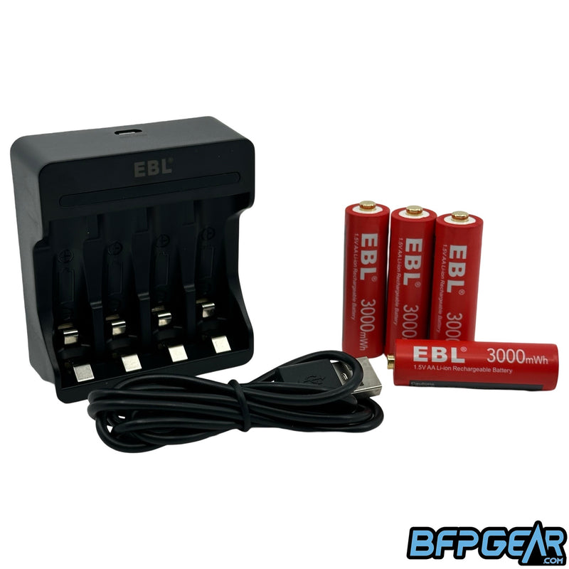 The EBL AA Rechargeable lithium ion battery kit. Comes with 4 AA batteries that have 1.5v output, battery charger, and cable to power the charger. These batteries are perfect for loaders.