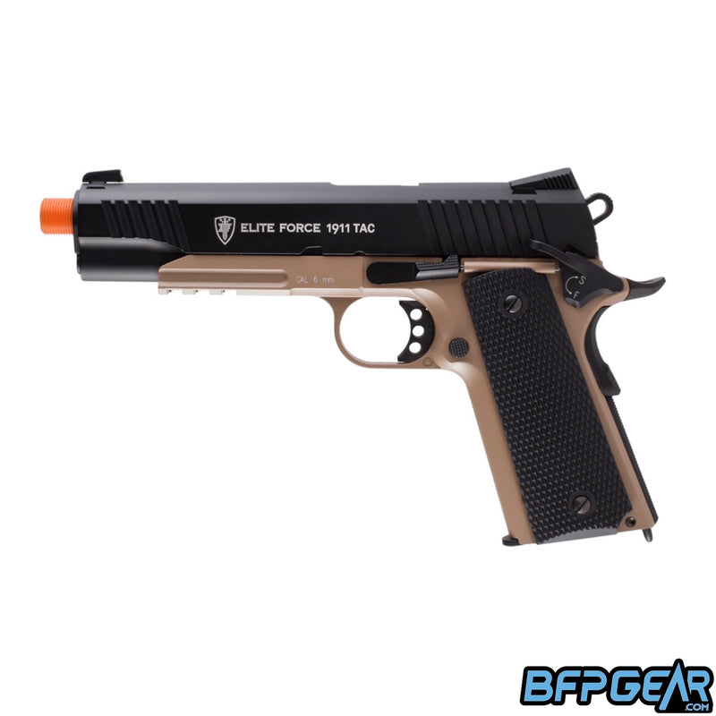 The Elite Force 1911 Tactical airsoft pistol in black and dark earth.