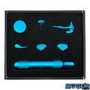 The Shocker ERA color kit in teal. Comes with a barrel back, eye covers, back cap, ASA knob, trigger, and feedneck lever.