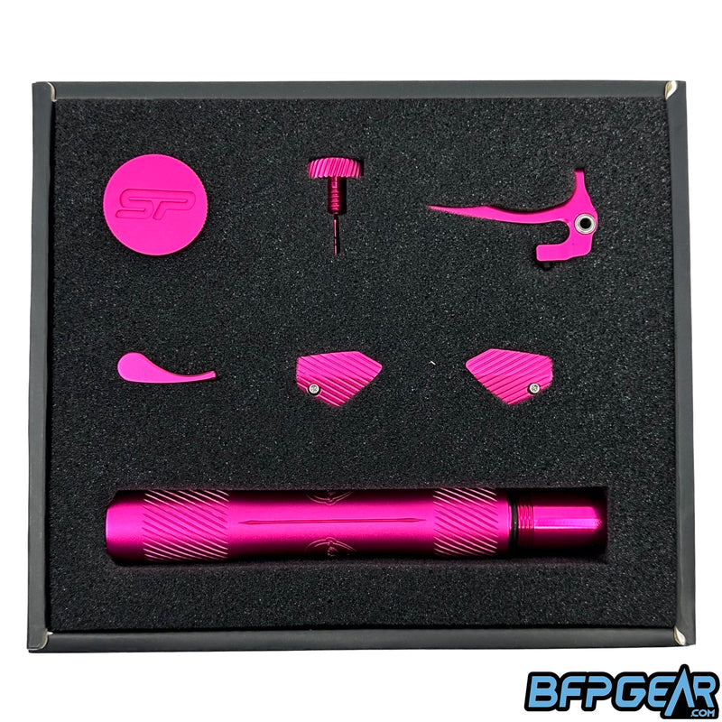 The Shocker ERA color kit in pink. Comes with a barrel back, eye covers, back cap, ASA knob, trigger, and feedneck lever.