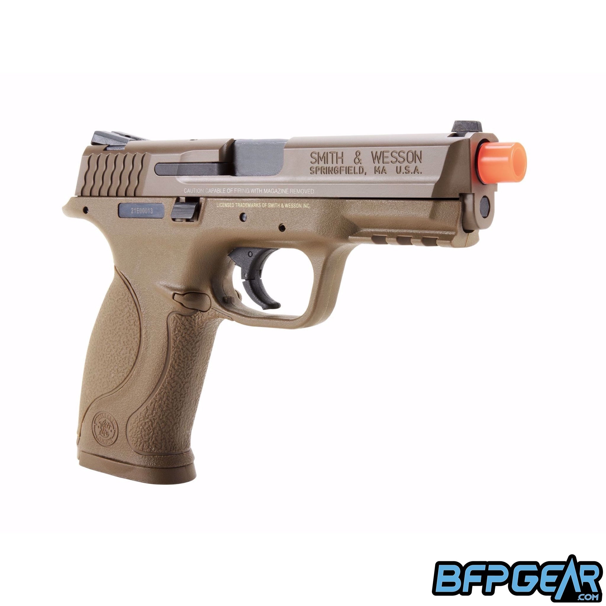 The Elite Force M&P 9 Airsoft Pistol in tan.