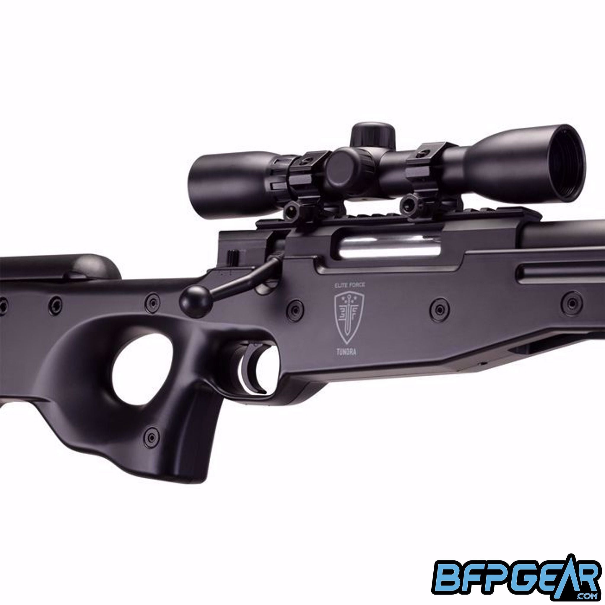 The Elite Force Tundra Airsoft sniper rifle. Comes with a 4x32mm scope, 28 round detachable magazine, and cheek rest.