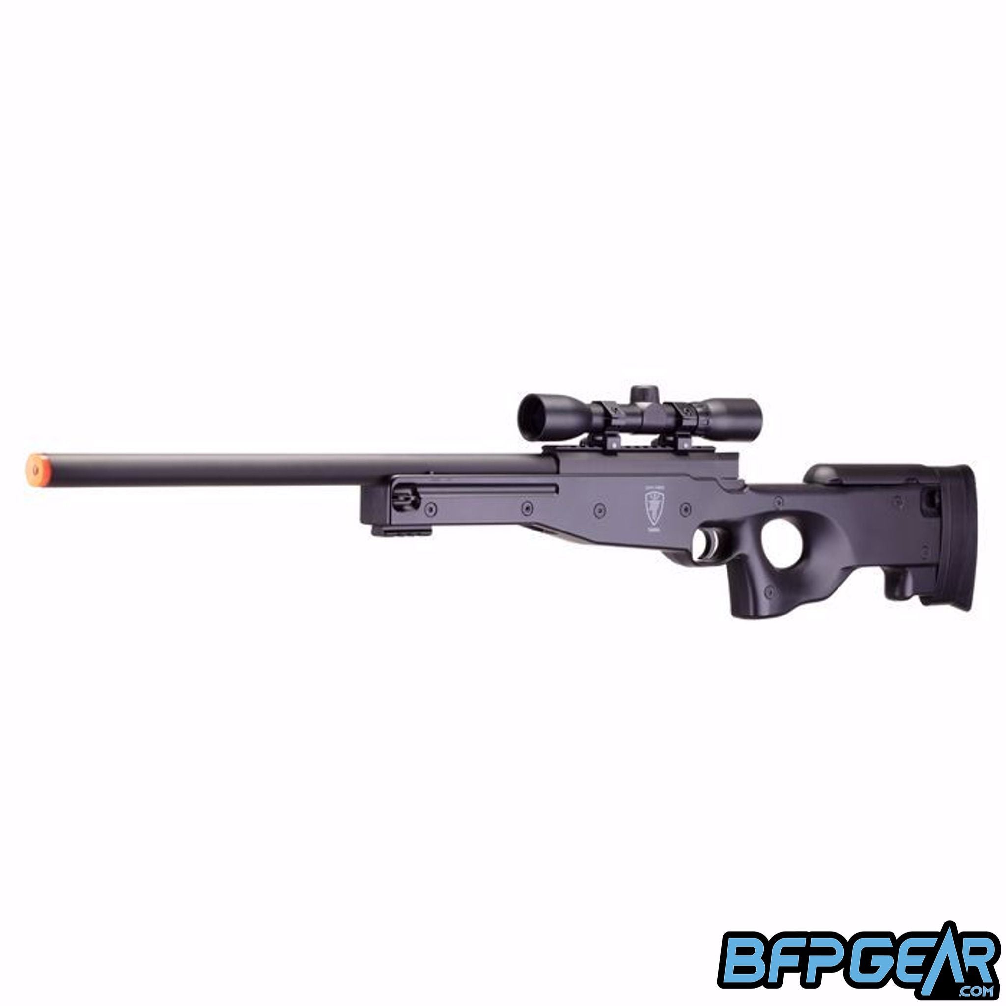 The Elite Force Tundra Airsoft sniper rifle. Comes with a 4x32mm scope, 28 round detachable magazine, and cheek rest.