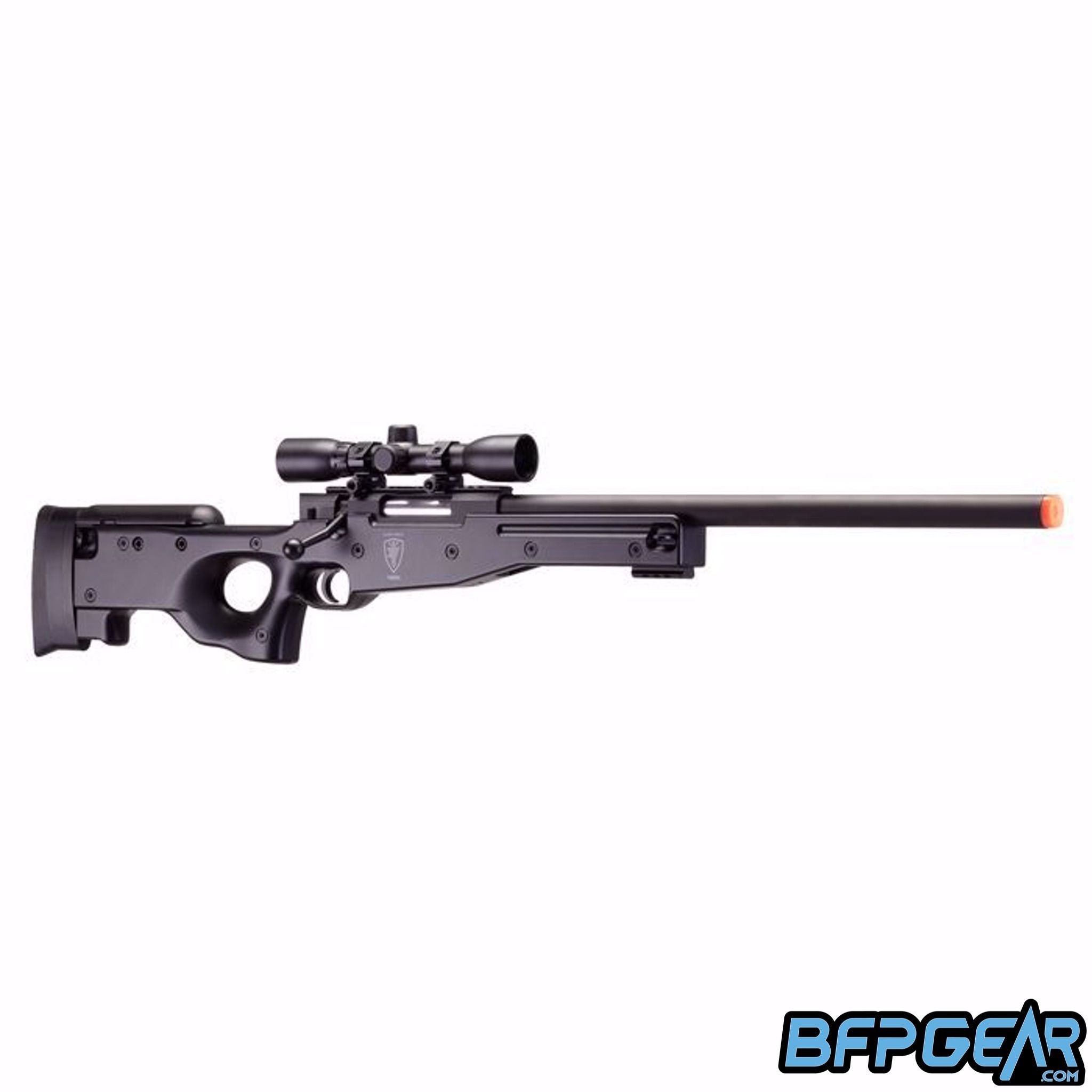 The Elite Force Tundra Airsoft sniper rifle. Comes with a 4x32mm scope, 28 round detachable magazine, and cheek rest.
