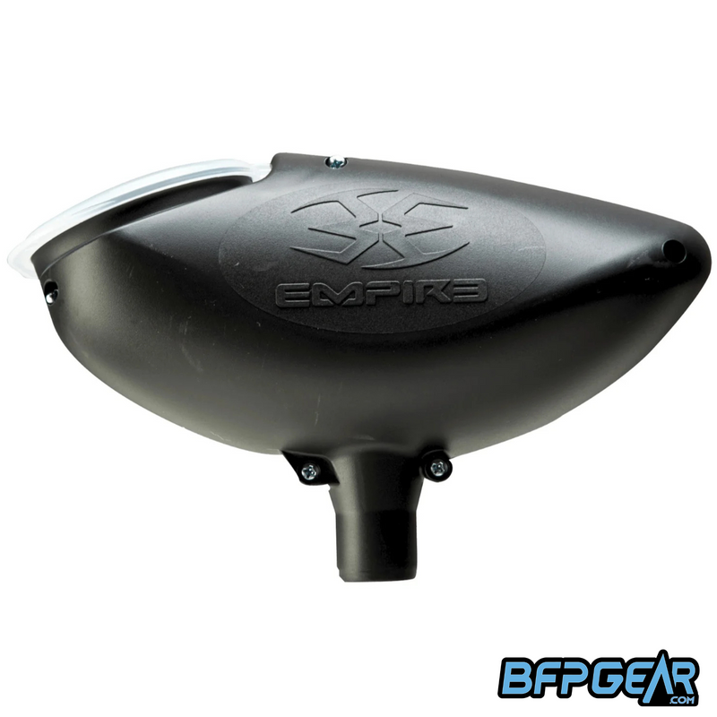 Empire 200 Round Paintball Loader in black, side profile with clear pop-up lid