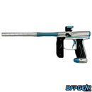 The Empire Axe 2.0 Paintball gun in silver and aqua. 