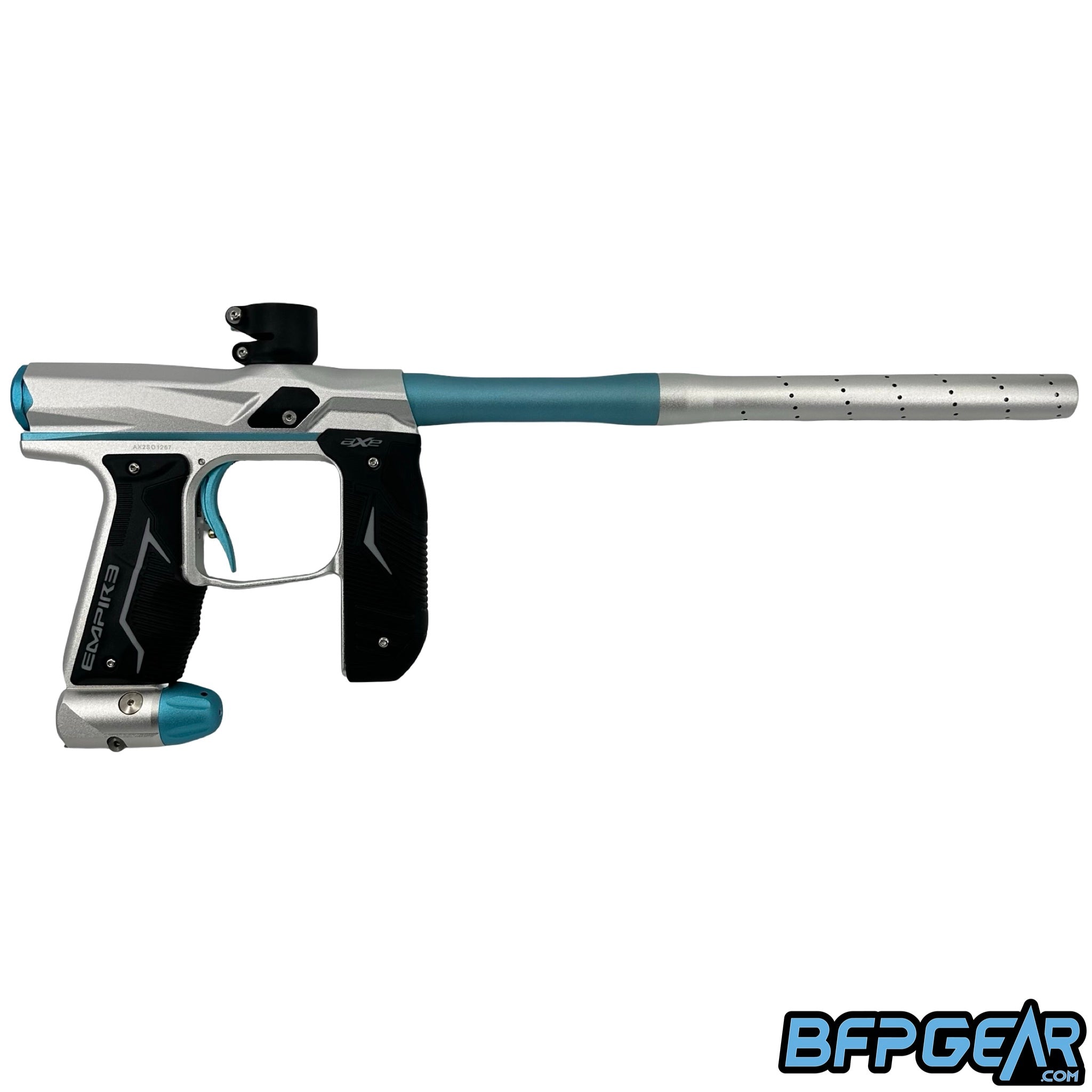 The Empire Axe 2.0 Paintball gun in silver and aqua. 