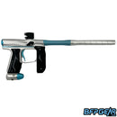 The Empire Axe 2.0 Paintball gun in silver and aqua. 