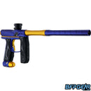The Empire Axe 2.0 in blue and gold facing the right front of the barrel.