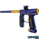 The Empire Axe 2.0 in blue and gold facing the left. This shows off the velocity adjuster on the back of the gun.