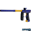The Empire Axe 2.0 in blue and gold facing the left front of the barrel.