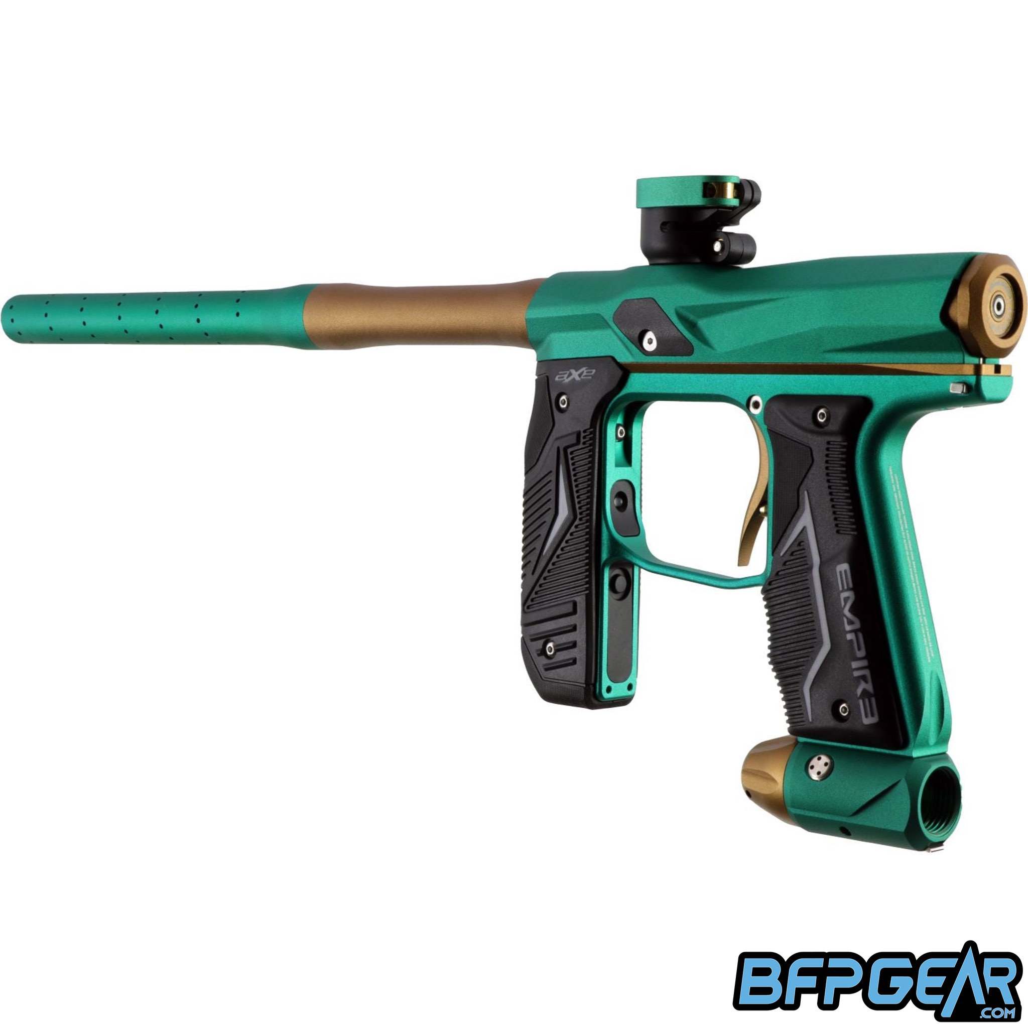 The Empire Axe 2.0 in Dust Mint and bronze facing the left at an angle. This shows off the velocity adjuster.