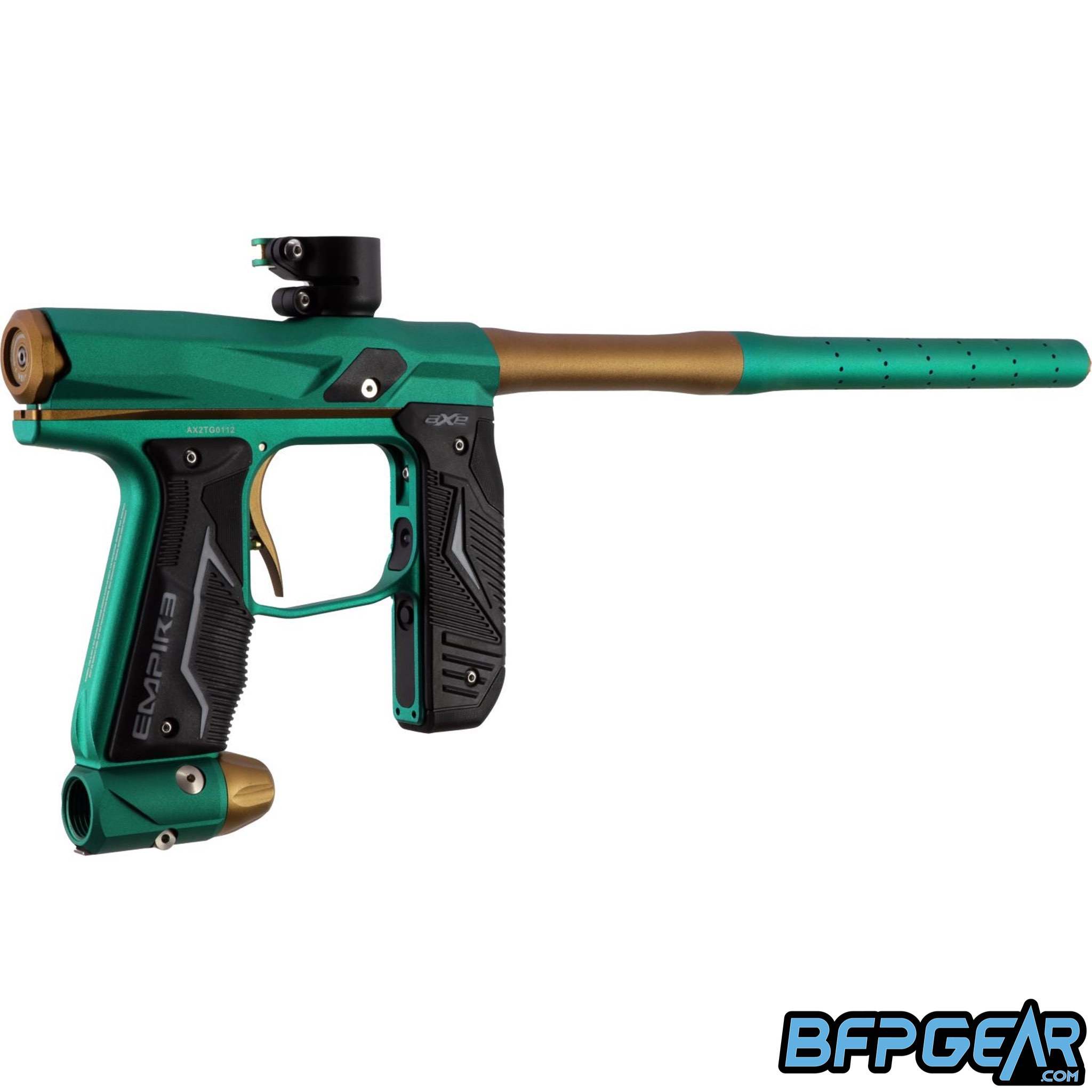 The Empire Axe 2.0 in Dust Mint and bronze facing the right at an angle. This shows off the velocity adjuster on the back.