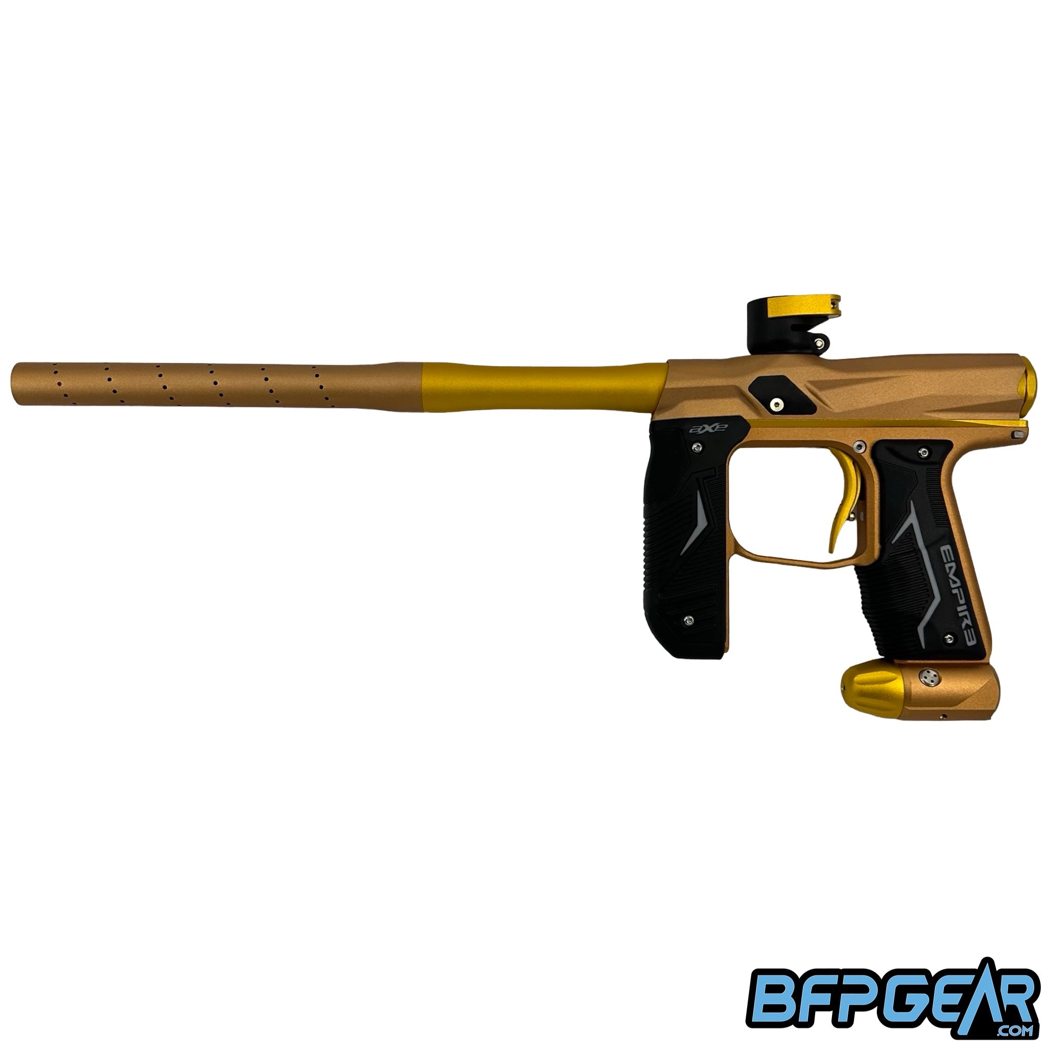 The Empire Axe 2.0 in orange and gold, facing the left.