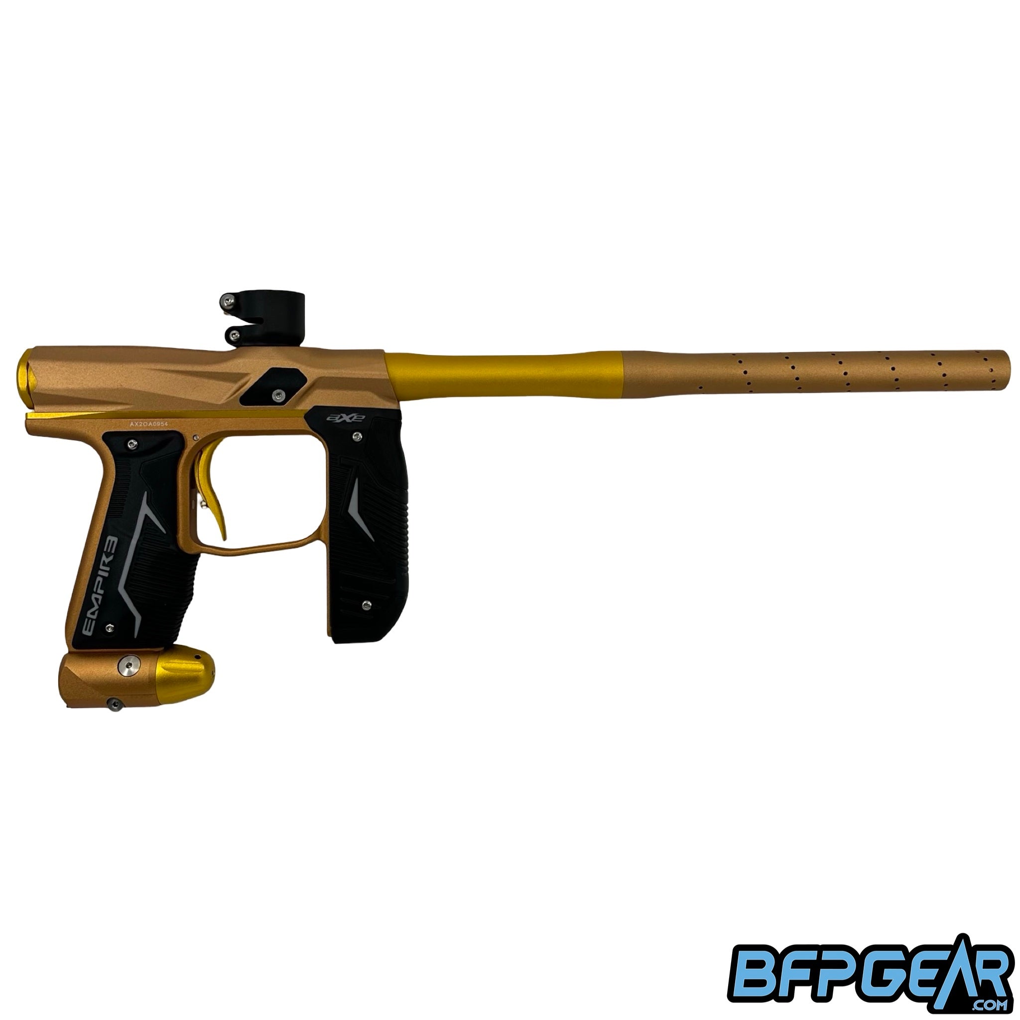 The Empire Axe 2.0 in orange and gold, facing the right.