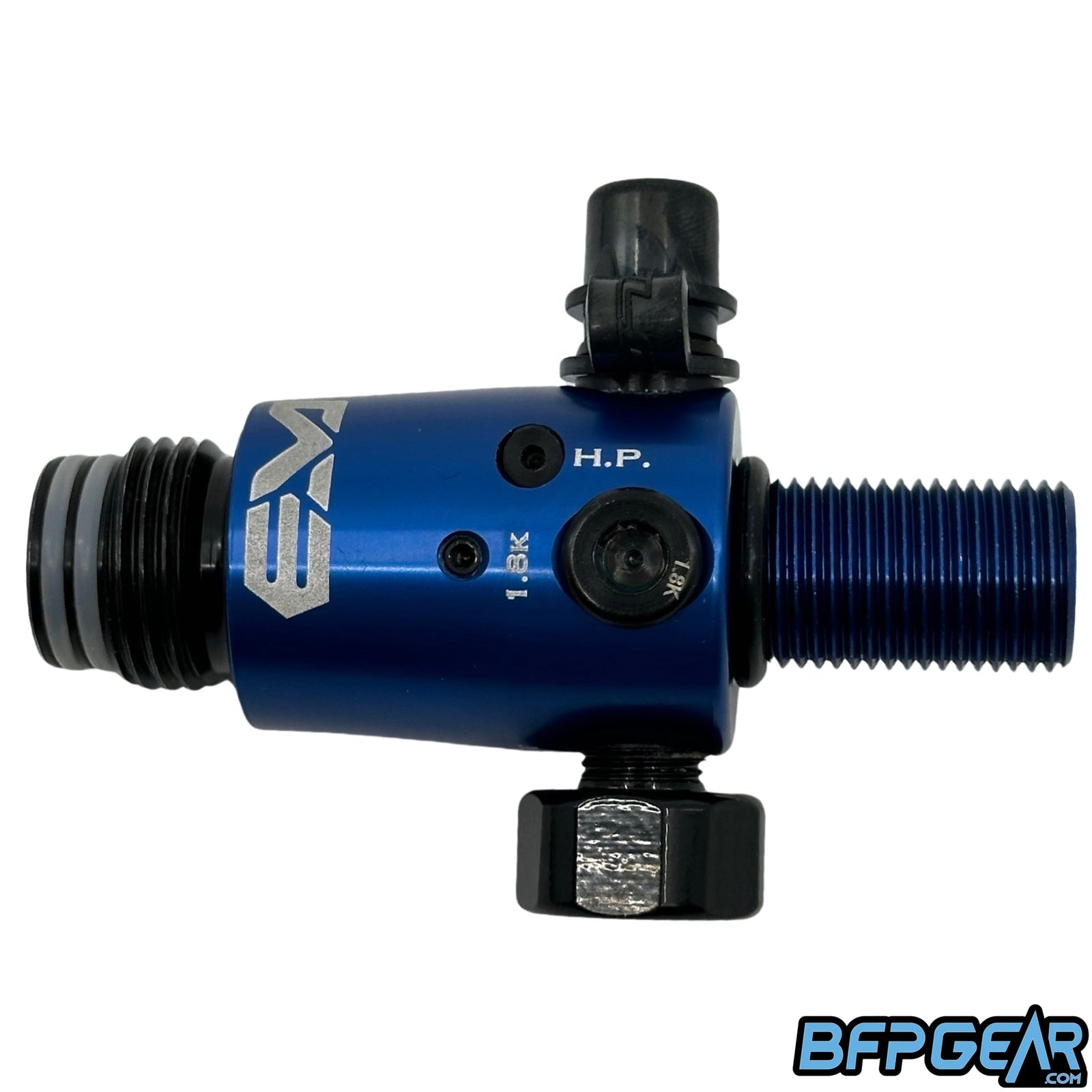 The FLO Regulator uses two screws on either side to adjust the output pressure. The black screw pictured here is in the high pressure output slot, which means high pressure is disabled.