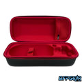 The Empire FLO Tank Case opened up to show some of the interior. This is the black and red case, and the interior is a vibrant red color. A zippered pocket is located in the top half of the case, and can keep any extra parts you may need.