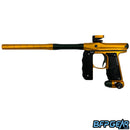The Empire Mini GS Paintball gun in Dust Honey Gold and Dust Pine Green, facing the left.